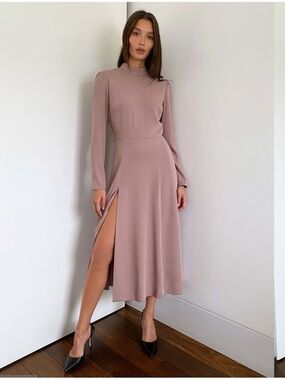 Babaton Mauve Long-Sleeve Mock-Neck Midi Dress w/ Side Slit Sz 8